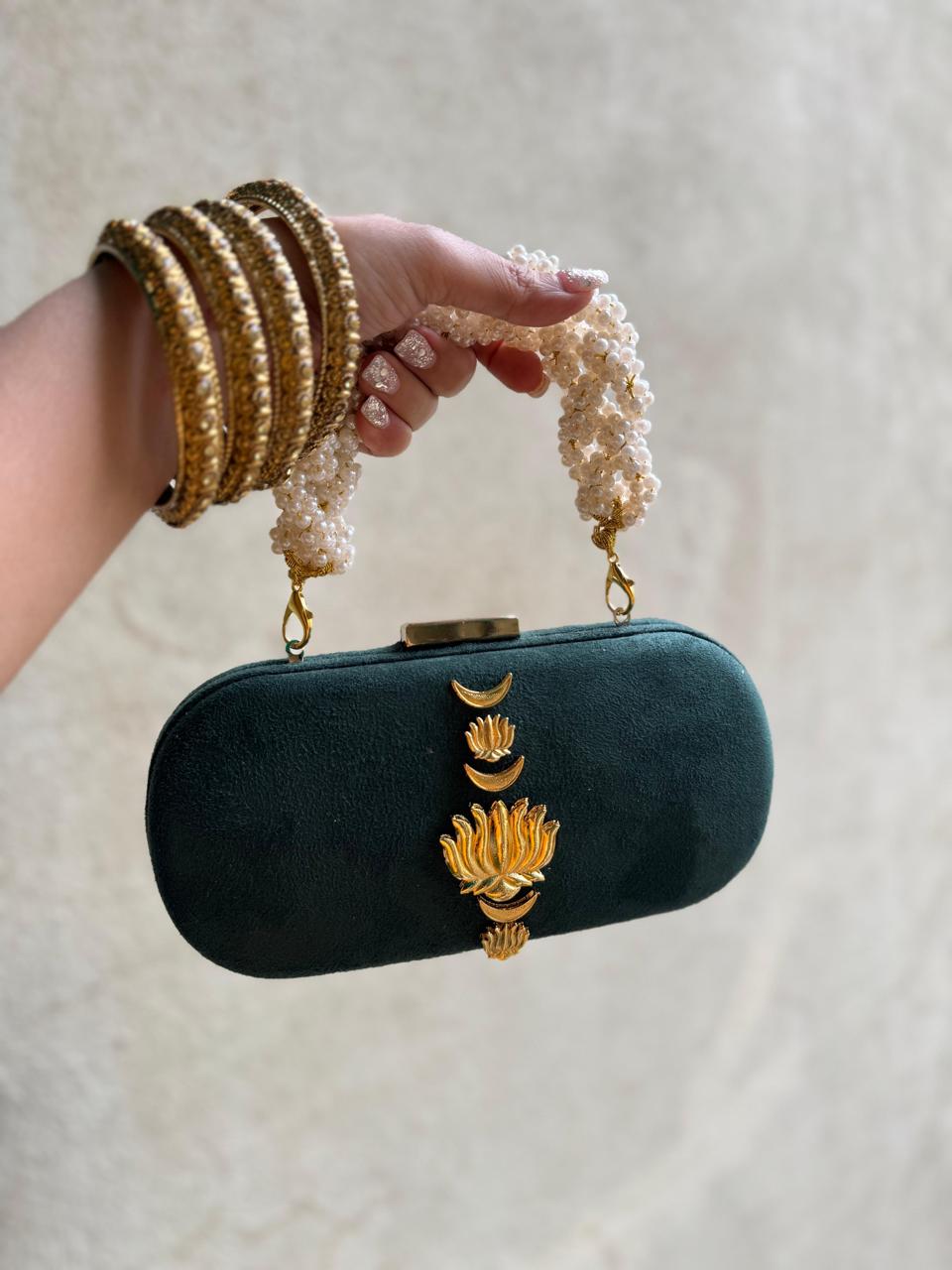 Velvet Luxe Clutch with Pearl Handle