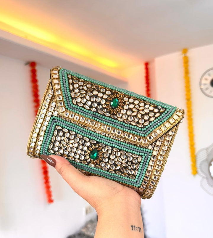 Kundan Brass Clutch Rectangle– Emerald Edition