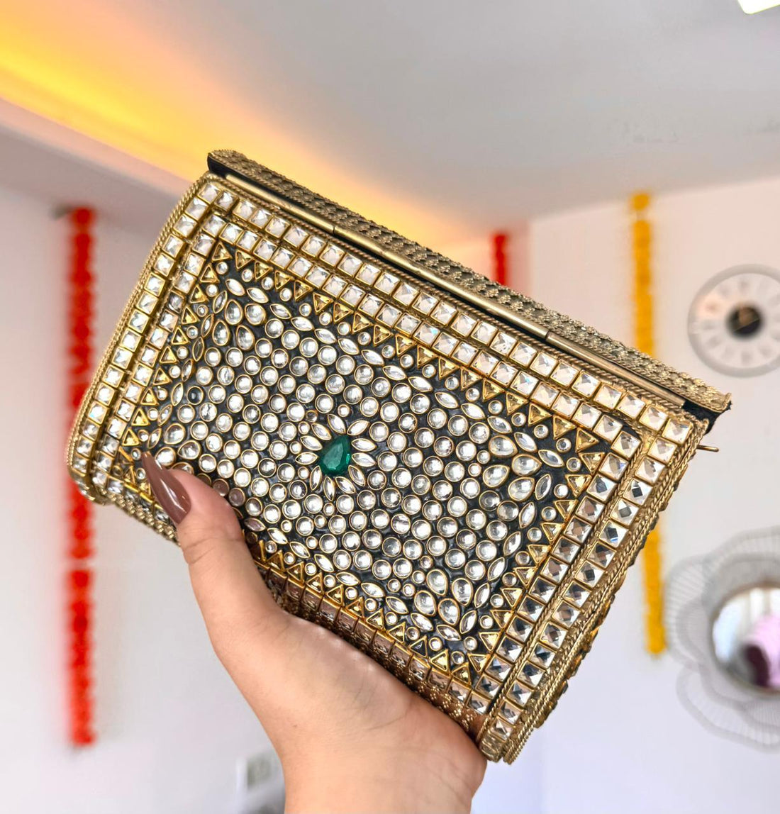 Kundan Brass Clutch Rectangle– Emerald Edition